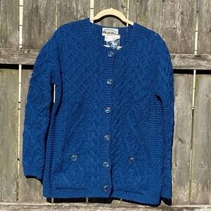 Aran Crafts Blue 100% Merino Wool Cable Knit Cardigan Sweater Made in Ireland M